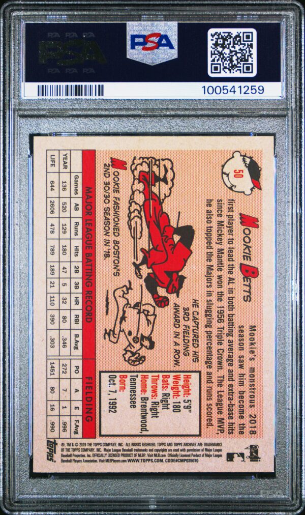 Vintage 2019 Mookie Betts baseball card in PSA case, showing statistics and cartoon illustrations.