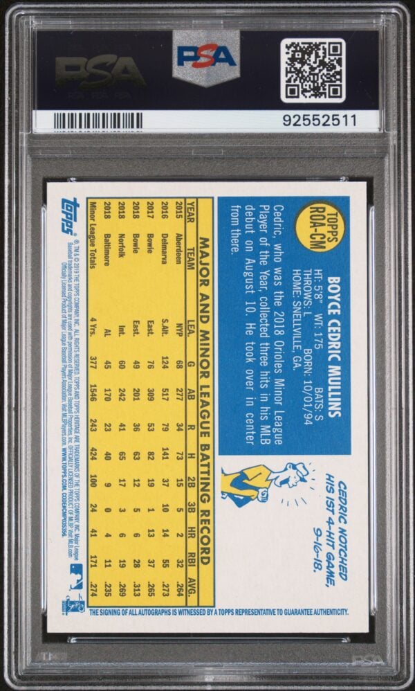 Vintage 2019 Topps Cedric Mullins baseball card, PSA-graded, displaying stats and biographical details.