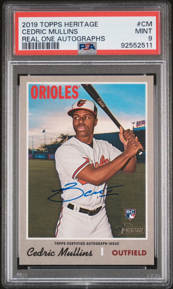 2019 Topps Heritage Cedric Mullins Rookie Card, PSA 9, autographed Orioles collectible.