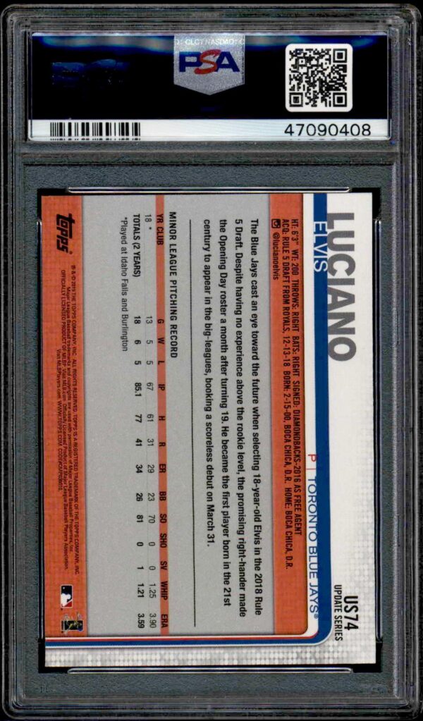 2019 Topps Update Elvis Luciano Pitching Ball #US74 (PSA 10) (Back)