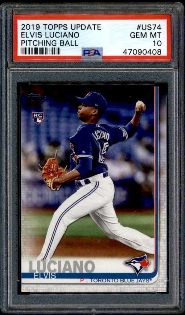 Elvis Luciano 2019 Topps Update Rookie Card PSA 10, Blue Jays Pitching Action.