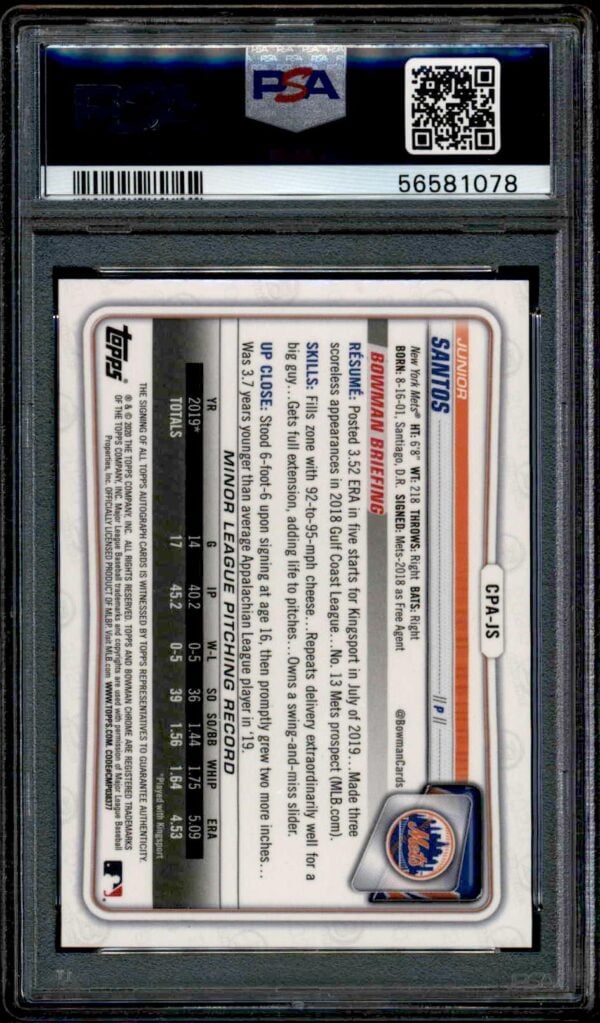 Back of 2020 Bowman Chrome Junior Santos Green Shimmer PSA 10 baseball card, with stats and accents.