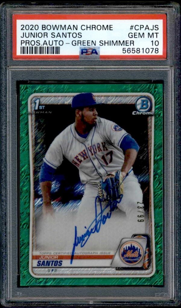 2020 PSA 10 Bowman Chrome Junior Santos Green Shimmer Auto Card in Mets Uniform.