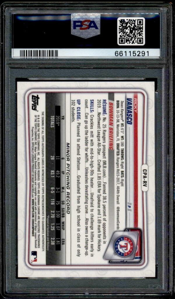 PSA 10 Washington Nationals Ricky Vanasco 2020 Bowman Chrome baseball card back in a case.