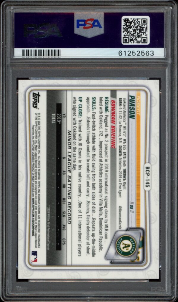 Back of 2020 Bowman Chrome Robert Puason Atomic Refractor baseball card, PSA 9 graded.