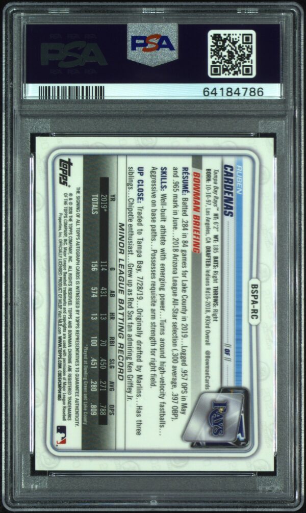 PSA 10 graded Ruben Cardenas Sapphire Edition autographed card back, holder encased.