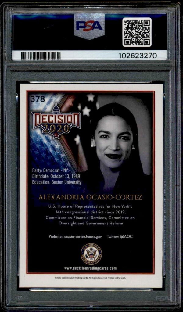 Alexandria Ocasio-Cortez collectible card in PSA case with patriotic design and grading details.