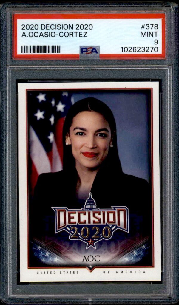 Alexandria Ocasio-Cortez PSA 9 collectible trading card, Decision 2020, patriotic design.