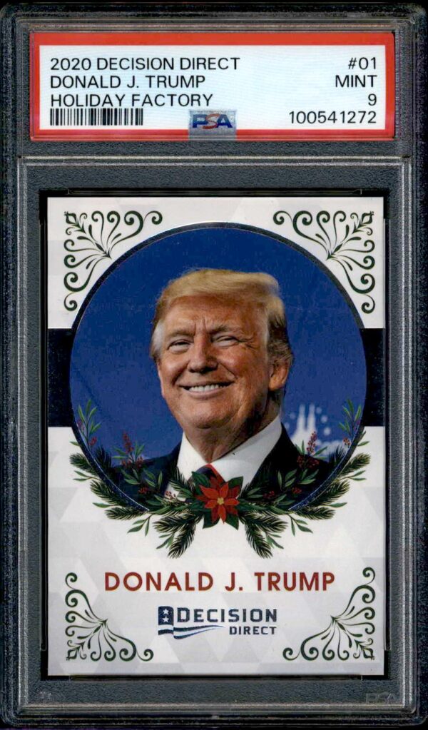 2020 Decision Makers Donald Trump trading card, PSA 9 Mint, collectible with ornate design.