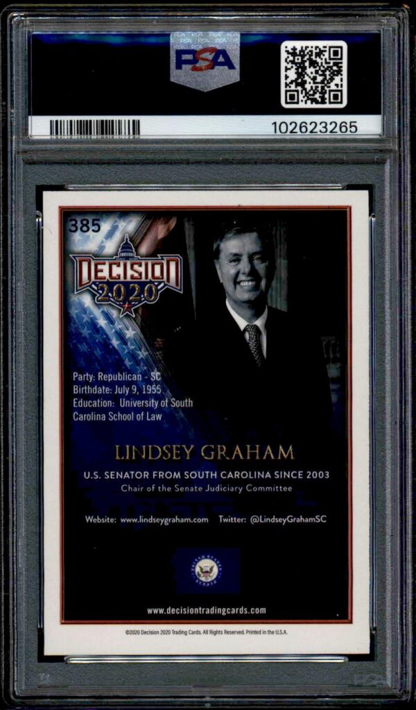 PSA graded Lindsey Graham 2020 Leaf Decision card with Election Day Stamp and Blue Foil.