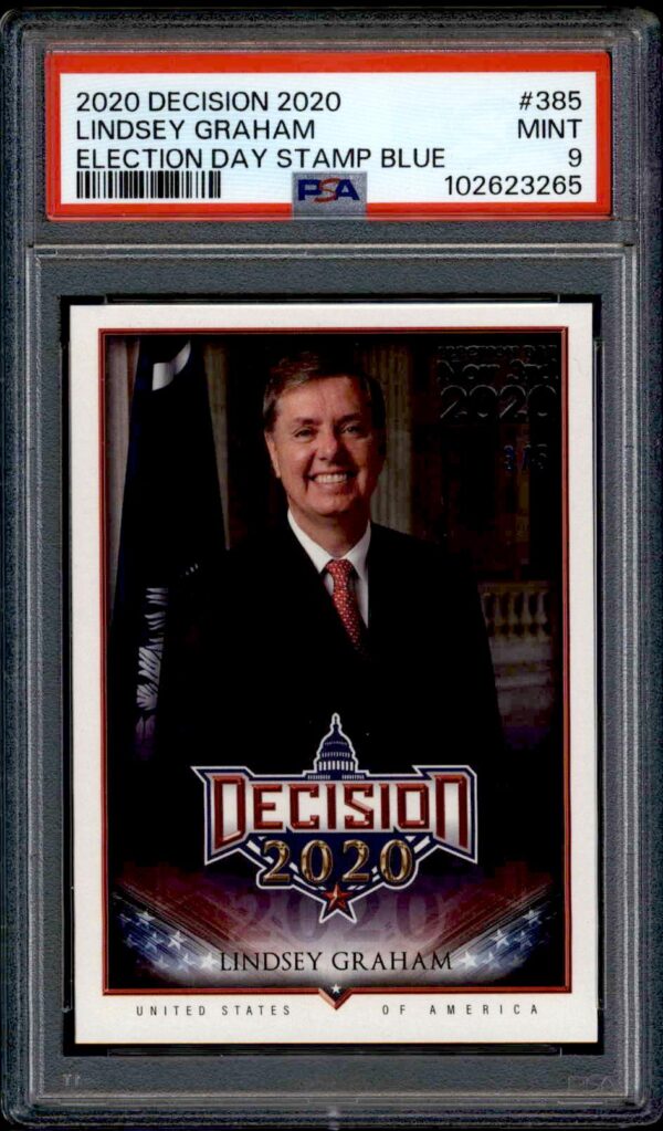 2020 Leaf Decision Lindsey Graham Election Day Stamp Blue Foil #385 (/5) (PSA 9) (Front)