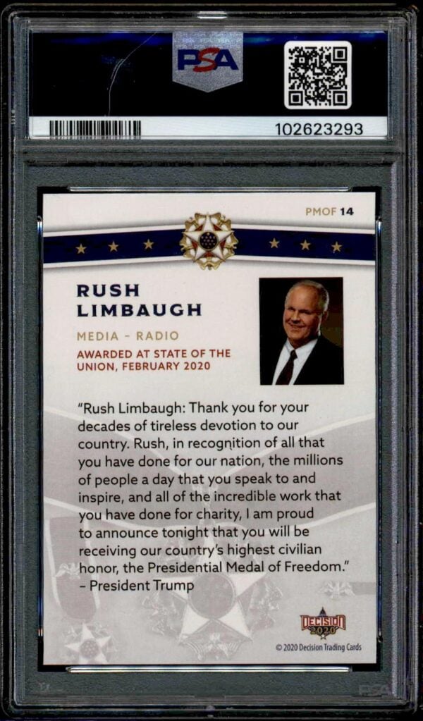 Rush Limbaugh PSA 10 trading card, commemorating Presidential Medal of Freedom, patriotic design.