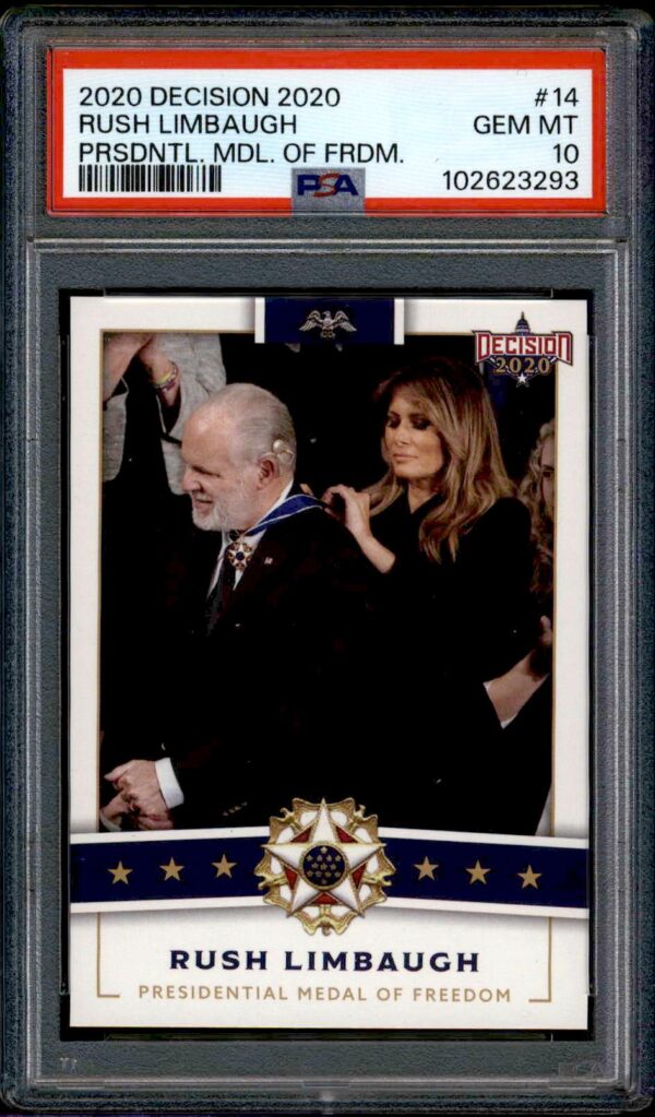 Rush Limbaugh 2020 GEM MT 10 graded trading card with patriotic design in PSA case.