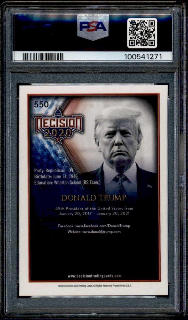 Donald Trump commemorative card in PSA case, 2020 Leaf Decision Series, patriotic design, graded PSA 9.