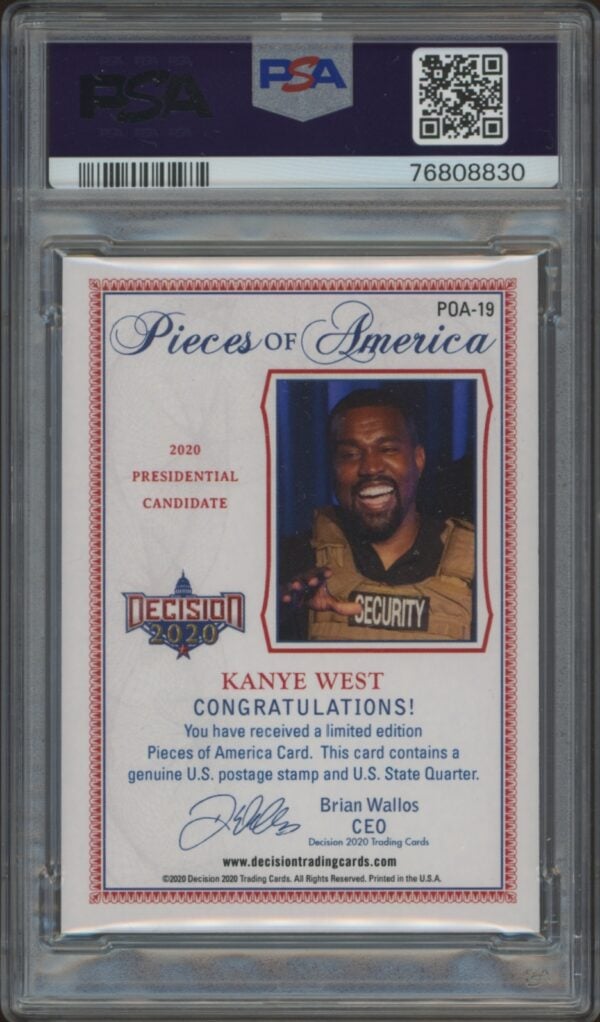 PSA-graded collectible Kanye West card with signature, from the Pieces of America series.