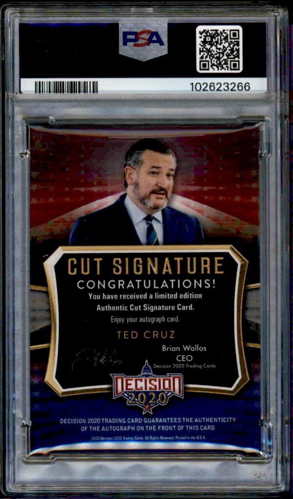 Ted Cruz 2020 Cut Signature Card in PSA 8 case with red-purple design and gold lettering.