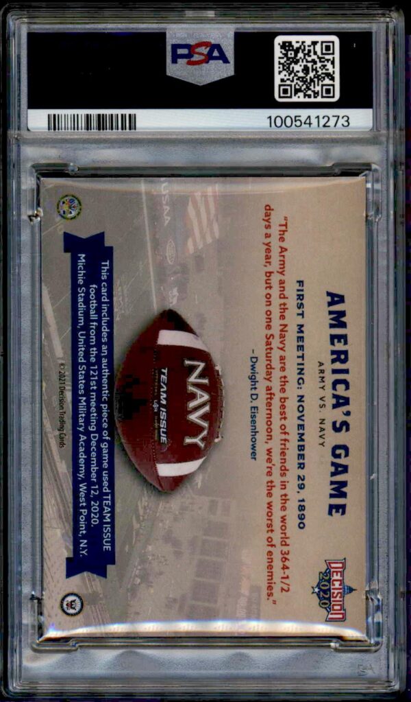 2020 Leaf Decision Americas Game Used Football Card, PSA 8 Graded, vintage design.