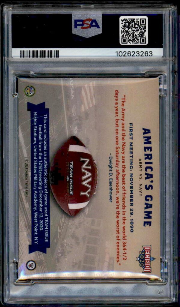 PSA 8 graded Americas Game football card, 2020 Leaf Decision, commemorative edition.