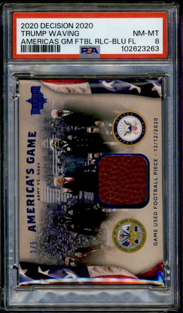 2020 Leaf Decision Trump Waving America's Game Used Football Relics Blue Foil (/5) (PSA 8) (Front)