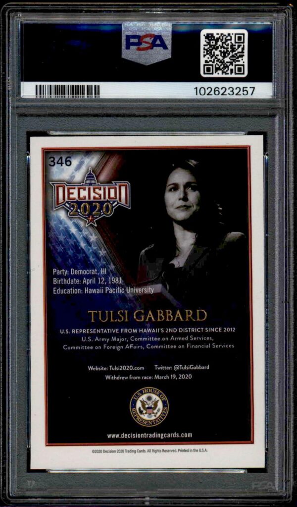 Tulsi Gabbard trading card, PSA 9, patriotic theme, cosmic design, Leaf Decision series.