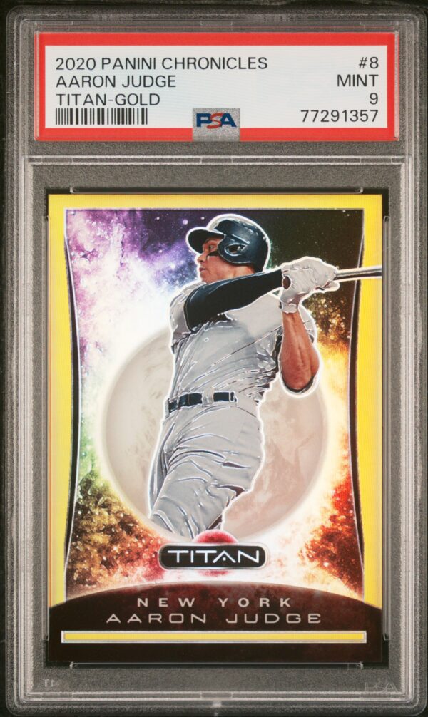 2017 Aaron Judge Panini Titan baseball card graded PSA 9, cosmic-themed design.