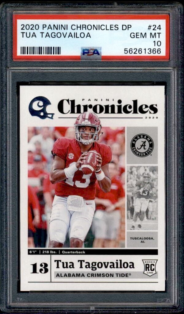 Tua Tagovailoa 2020 Panini Chronicles rookie card, PSA 10, Alabama jersey, collectors item.