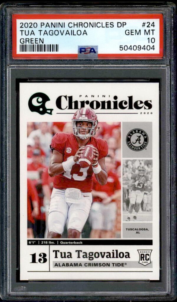 PSA 10 Tua Tagovailoa Green Rookie Card, 2020 Chronicles, Alabama Crimson Tide, collectible.