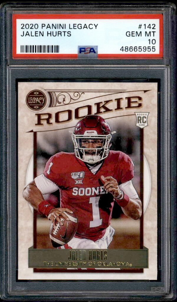 Jalen Hurts 2020 Panini Legacy rookie card, graded PSA GEM MT 10, Oklahoma Sooners uniform.