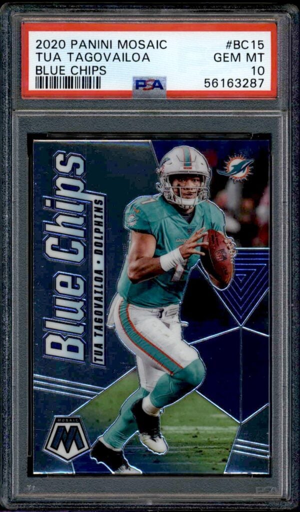 Tua Tagovailoa 2020 Blue Chips rookie card graded PSA 10, Dolphins jersey, geometric design.