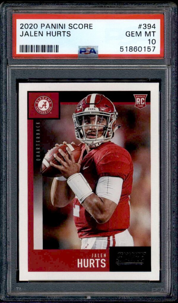 Jalen Hurts 2020 Panini Score rookie card, PSA 10, Alabama uniform, collectible item.