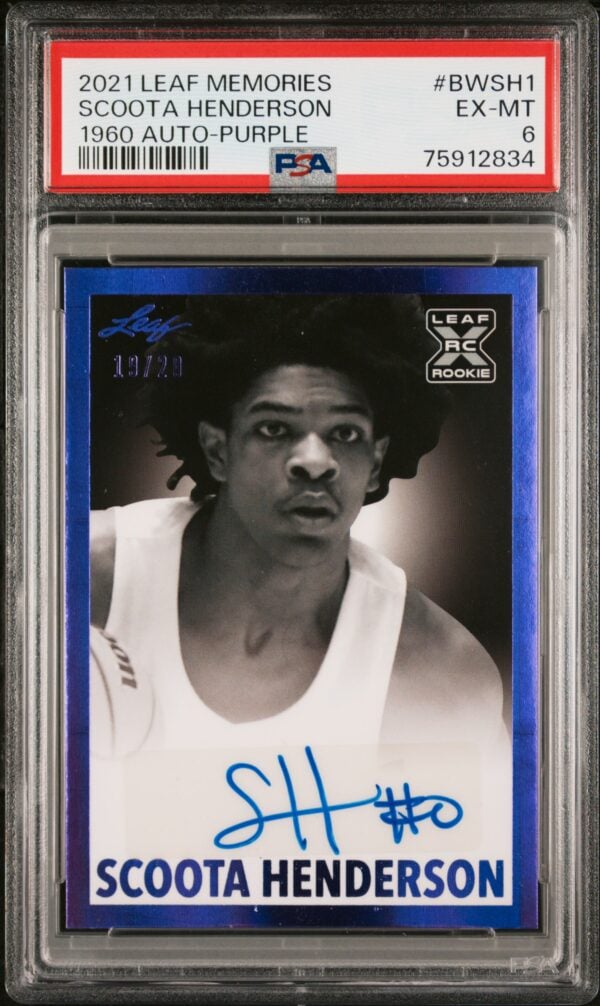 Scoota Henderson signed basketball card, PSA 6, 2021 Leaf Memories, blue border.