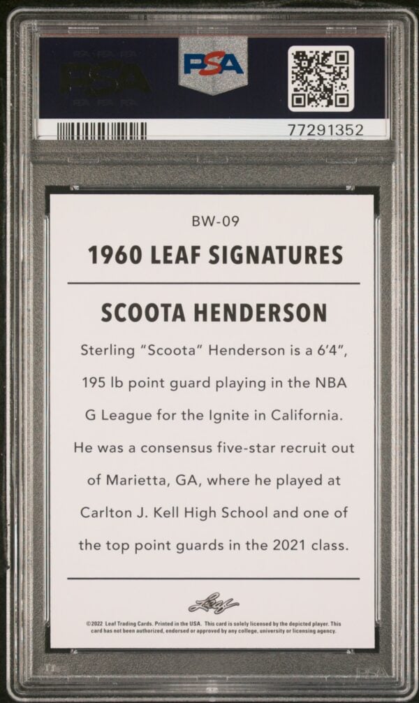 PSA 9 Scoota Henderson 1960 Leaf Signatures collectible card in protective case.