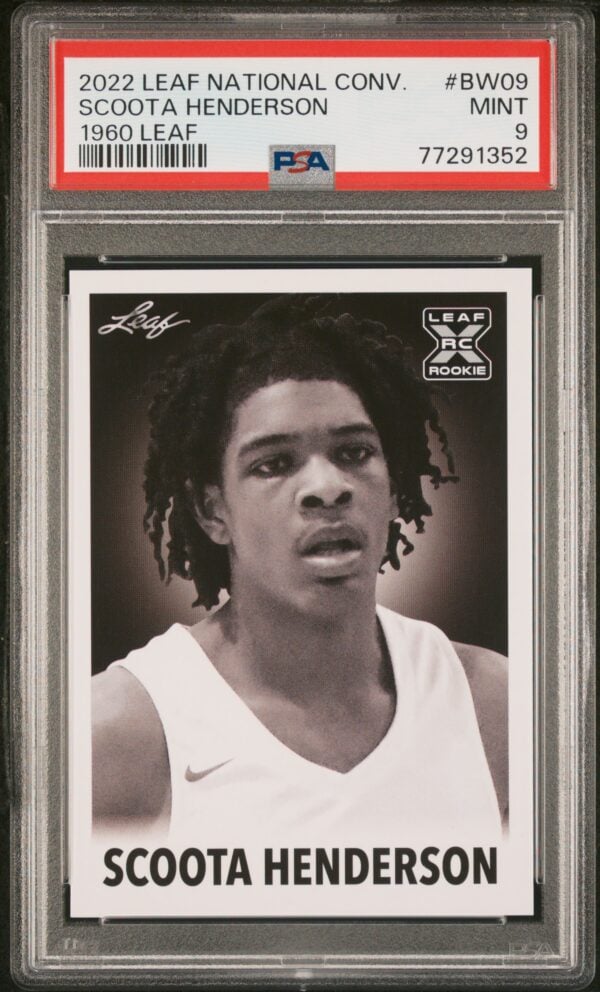 PSA graded MINT 9 Scoota Henderson 2023 Leaf basketball card, black and white portrait.