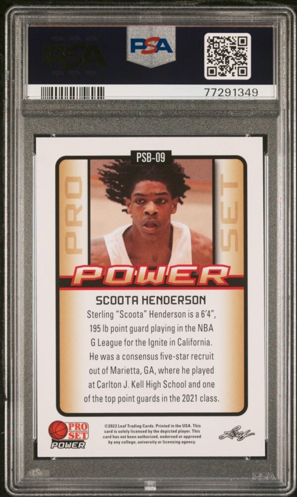 Back of Scotty Henderson PSA-graded basketball card, showing player stats and encapsulation details.