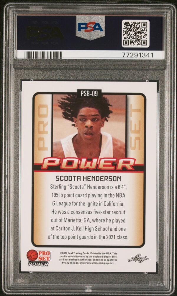 Scoota Henderson PSA 9 rookie card, 2021-22 Leaf, in protective case.