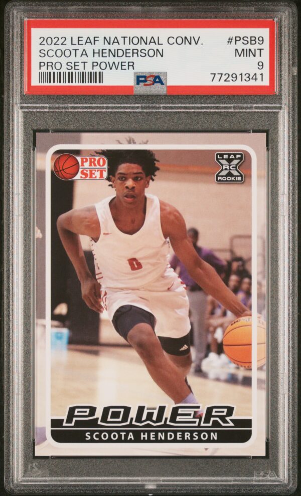 Scoot Henderson PSA 9 Rookie Card, 2022-23 Leaf National Convention, dribbling action shot.