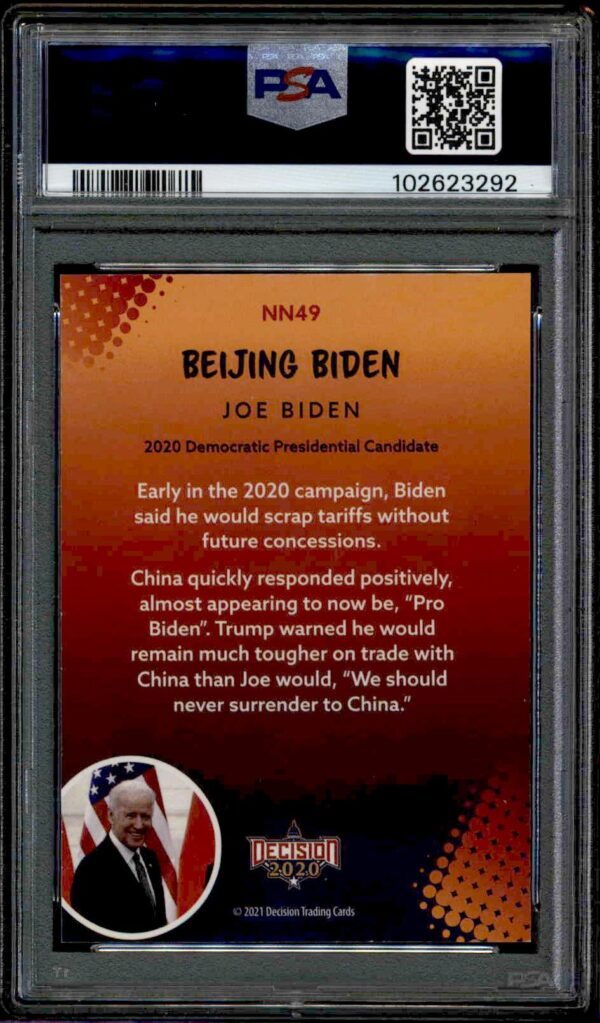 Beijing Biden political parody card in PSA-graded case with orange-black gradient and QR code.