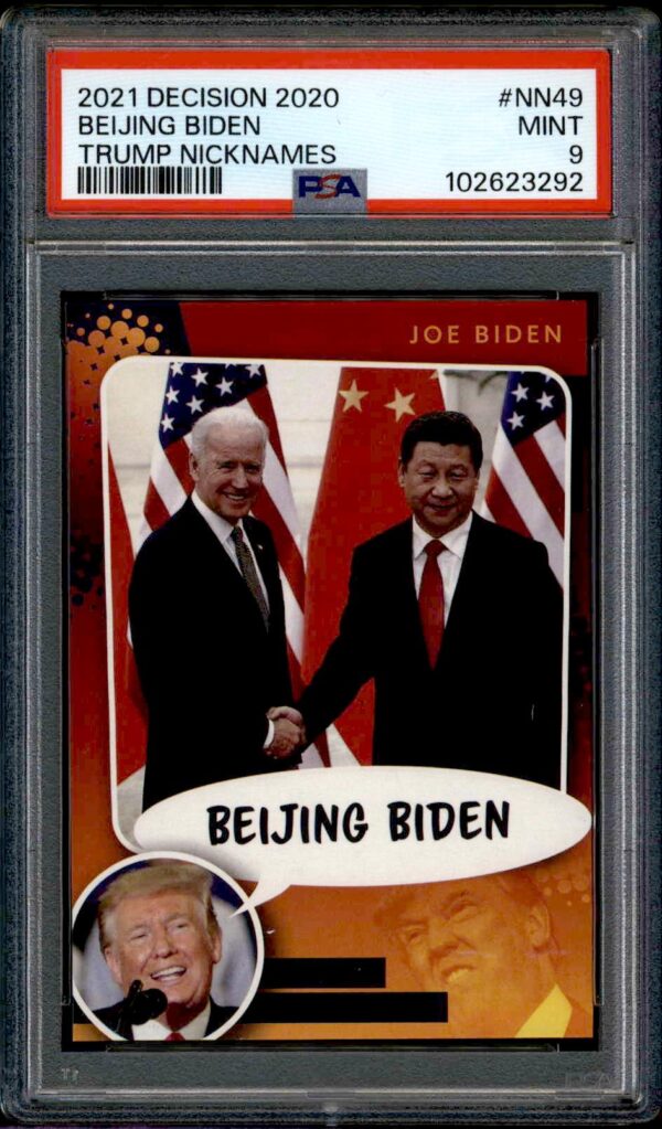 2021 Biden-Xi trading card, PSA Mint 9, rare error variant, collectible display.