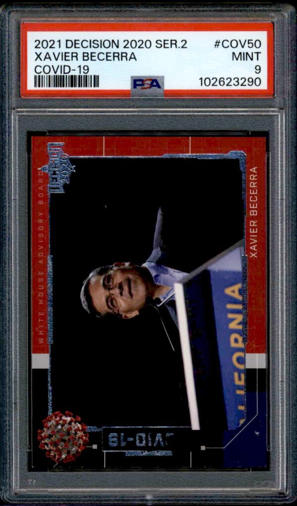 Xavier Becerra baseball card, PSA 9, Leaf Decision Series 2, error missing stamp.