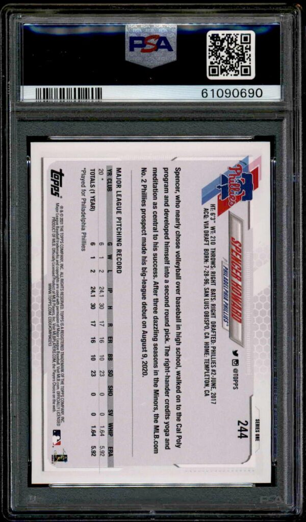 Graded 2021 Topps Spencer Howard card back in PSA slab showing stats and authentication details.