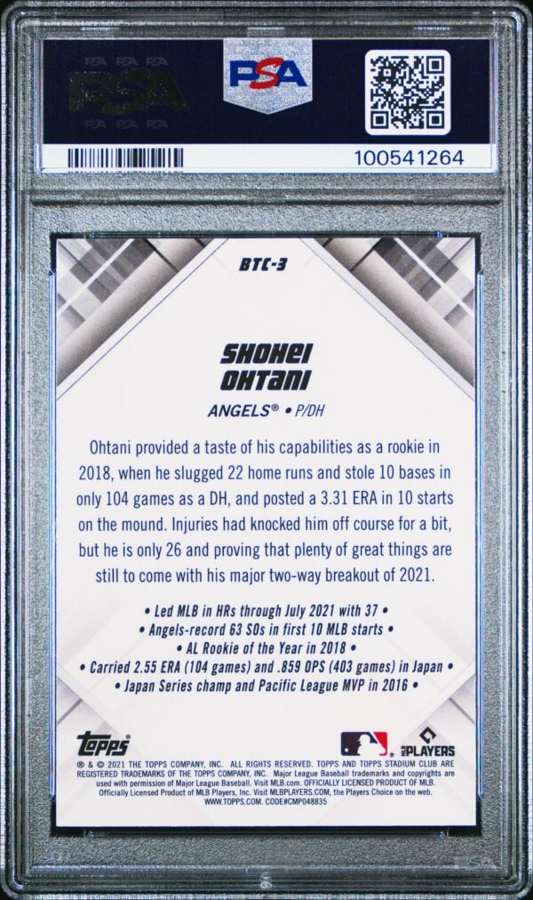 Shohei Ohtani 2021 sports card graded PSA 9, showcasing dual pitching and hitting stats.