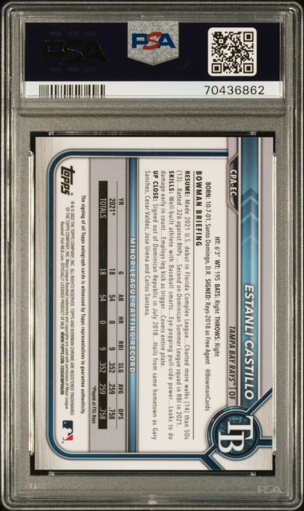 Back of 2022 Bowman Chrome Estanli Castillo card, PSA 10, with stats and MLB logo.