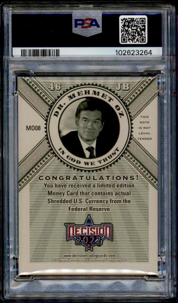 Graded 2022 Leaf Decision Dr. Oz Rare Money Card, Purple Foil, PSA 9, encased with verification.