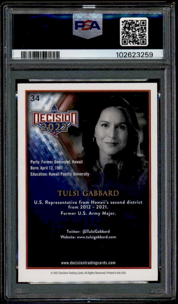 Tulsi Gabbard political card, lime foil design, PSA 8, limited edition, Election Day theme.