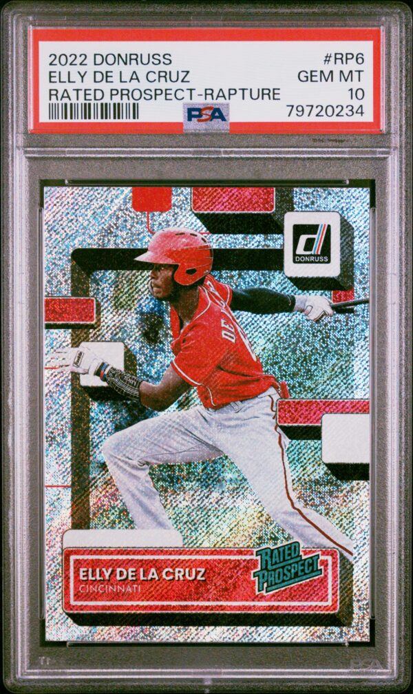 Elly De La Cruz 2022 Donruss Elite Series Rapture PSA 10 baseball card with holographic finish.