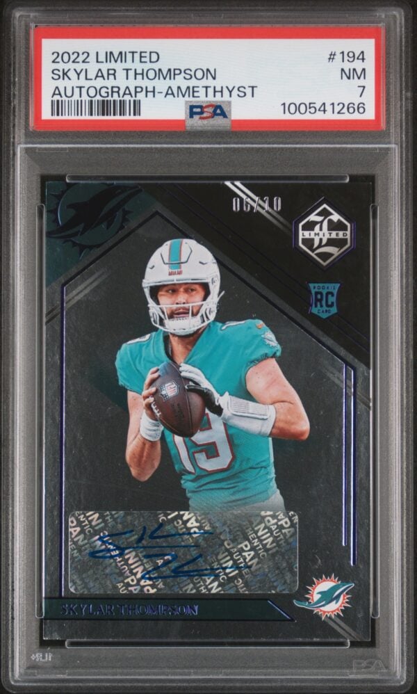 Skylar Thompson 2022 Panini Limited Amethyst autograph sports card, PSA graded, teal jersey.