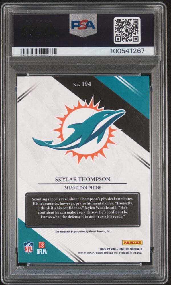 Skylar Thompson Miami Dolphins 2022 Panini card graded PSA 9, featuring team logo and details.