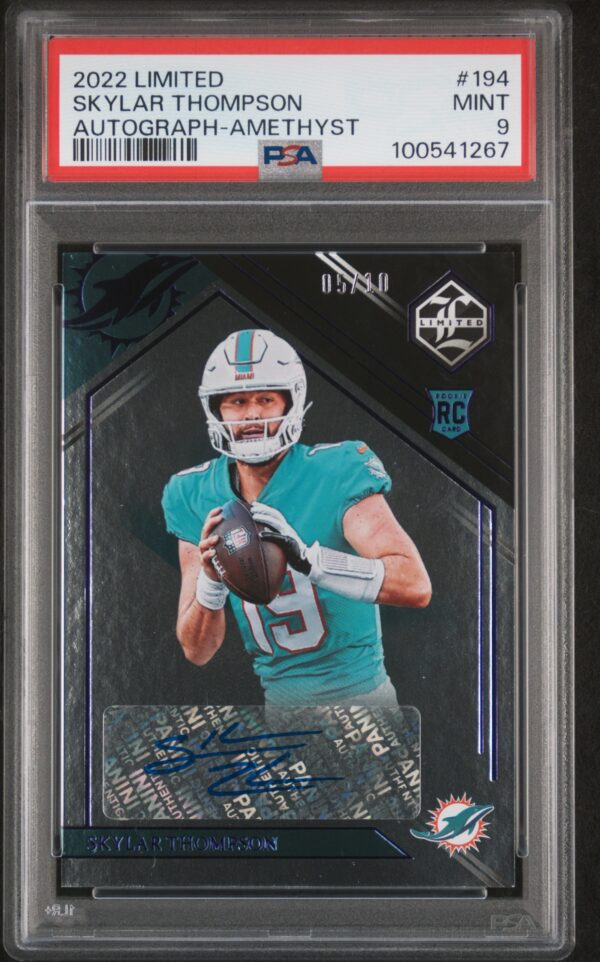 Skylar Thompson 2022 Autograph Rookie Card, Miami Dolphins, PSA 9, Limited Edition.