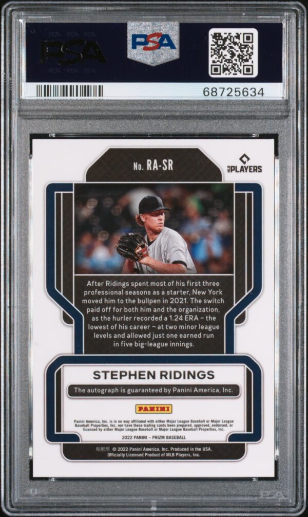 PSA 10 graded Stephen Ridings rookie card with stats and bio in protective case.