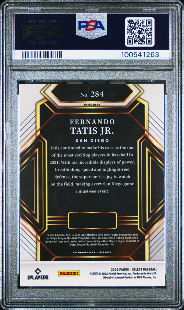 Back of 2022 Panini Select Fernando Tatis Jr. card, PSA-graded, black and gold design.